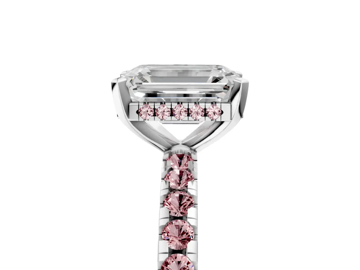 Emerald Cut Diamond Solitaire Ring with Round Morganite Pavé Band and Four-Prong Setting Silver