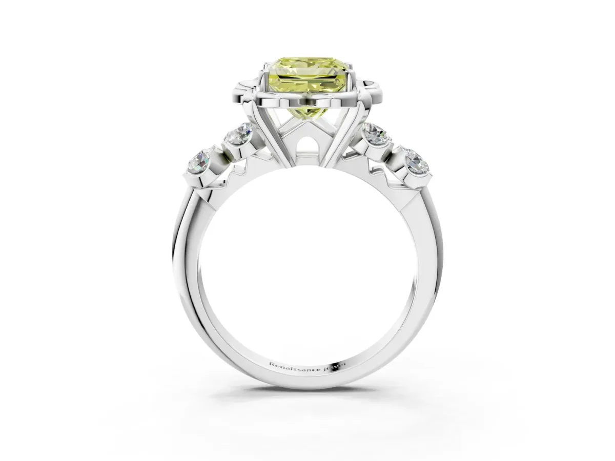 Fancy Yellow Princess Cut Cut Diamond Floral Halo Engagement Ring with Shared Prong Setting Silver