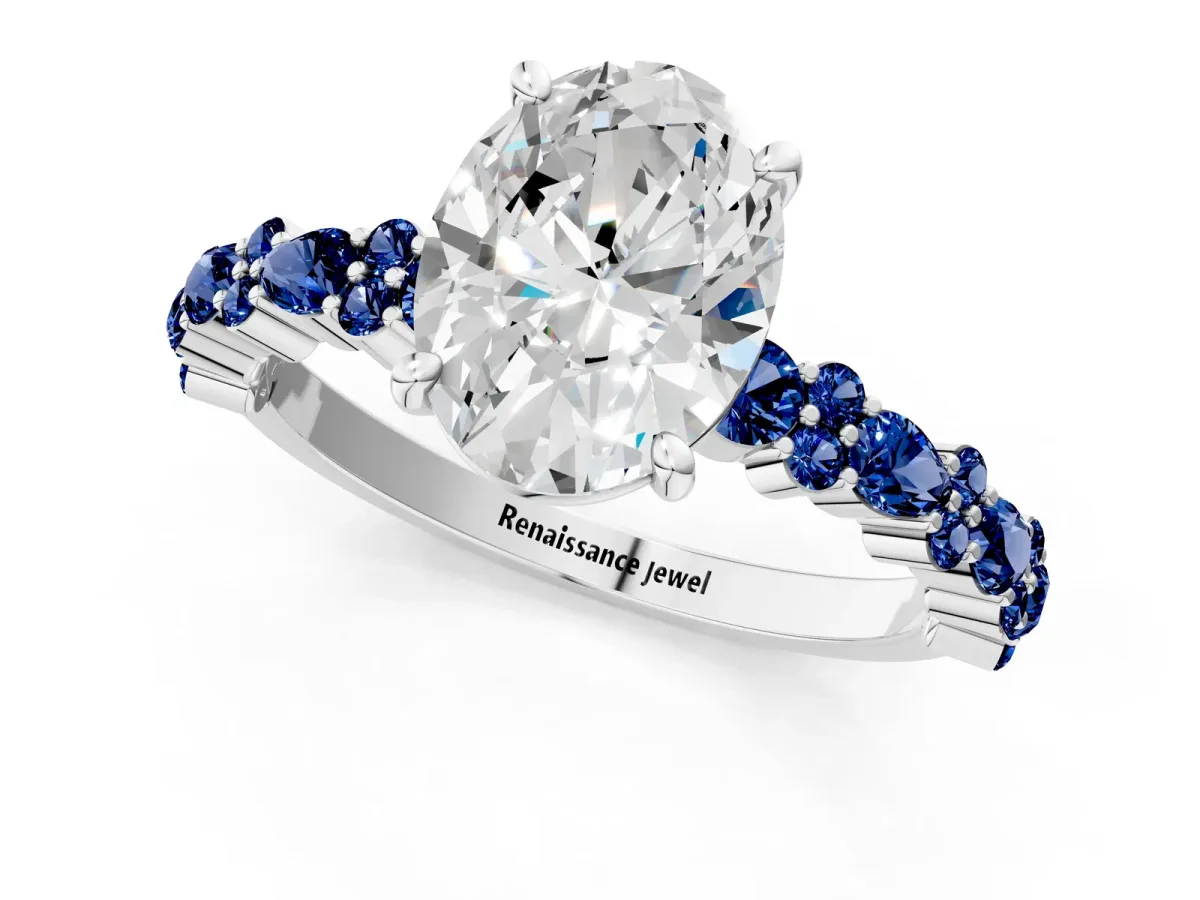 Oval Cut Diamond Side Stone Solitaire Ring with Round Blue Sapphire and Four-Prong Setting Platinum