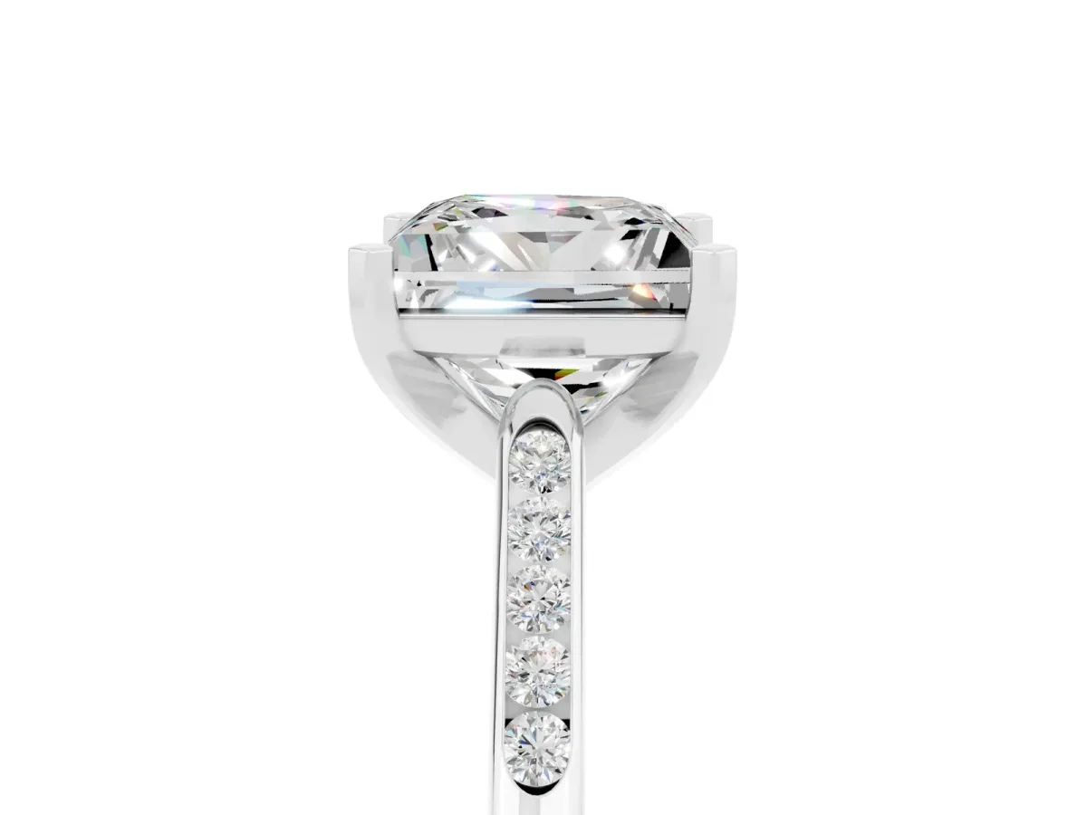 Princess Cut Moissanite Solitaire Ring with Channel Set Round Band and Prong Setting Silver