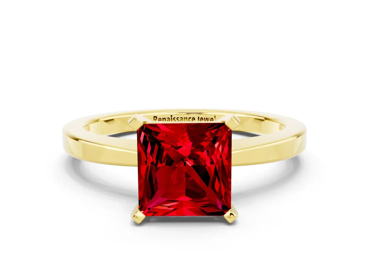 Princess Cut Ruby Solitaire Engagement Ring with Classic Band and Four-Prong Setting Yellow gold