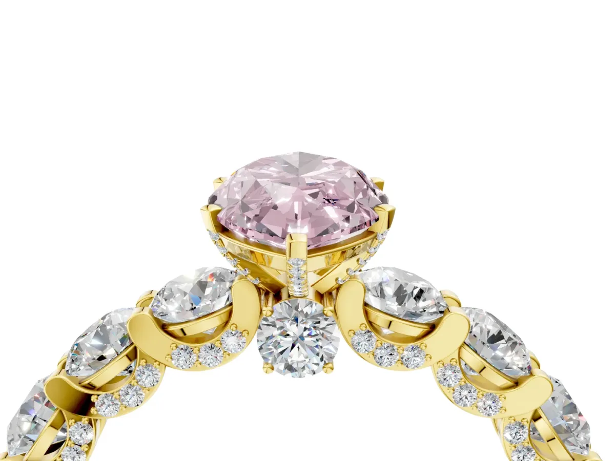Fancy Pink Marquise Cut Diamond Side Stone Engagement Ring with Four-Prong Setting Yellow gold