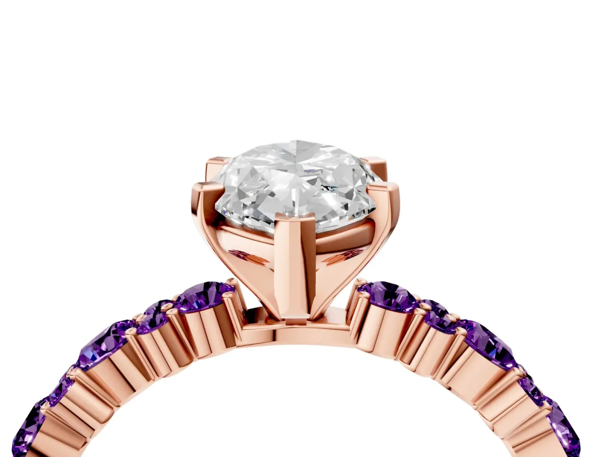 Marquise Cut Diamond Side Stone Solitaire Ring with Round Amethyst and Four-Prong Setting Rose gold