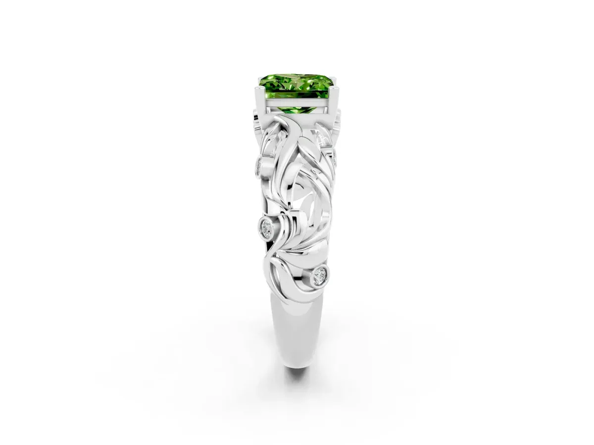 Princess Cut Solitaire Peridot Leaf-Inspired Vine Band Ring with Prong Setting White gold