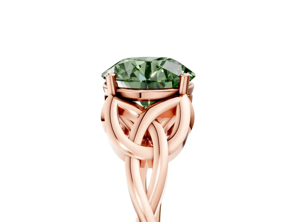 Fancy Green Round Cut Diamond Solitaire Celtic Knot Ring with Four-Prong Setting Rose gold