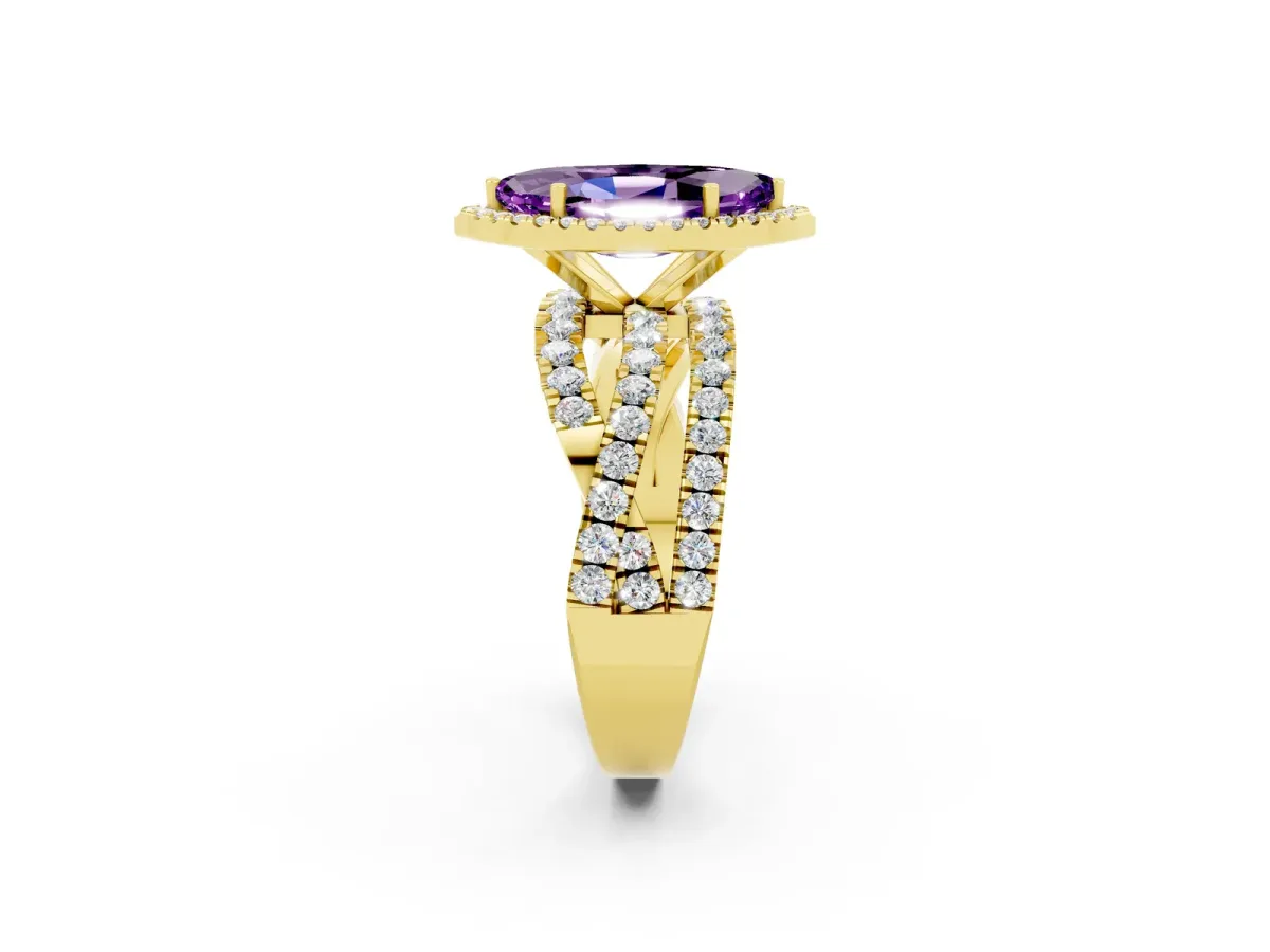 Marquise Cut Amethyst Halo Ring with Round Split Shank and Prong Setting Yellow gold