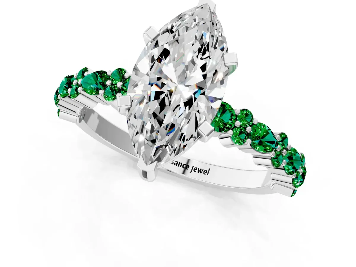 Marquise Cut Diamond Side Stone Solitaire Ring with Round Emerald and Four-Prong Setting Platinum