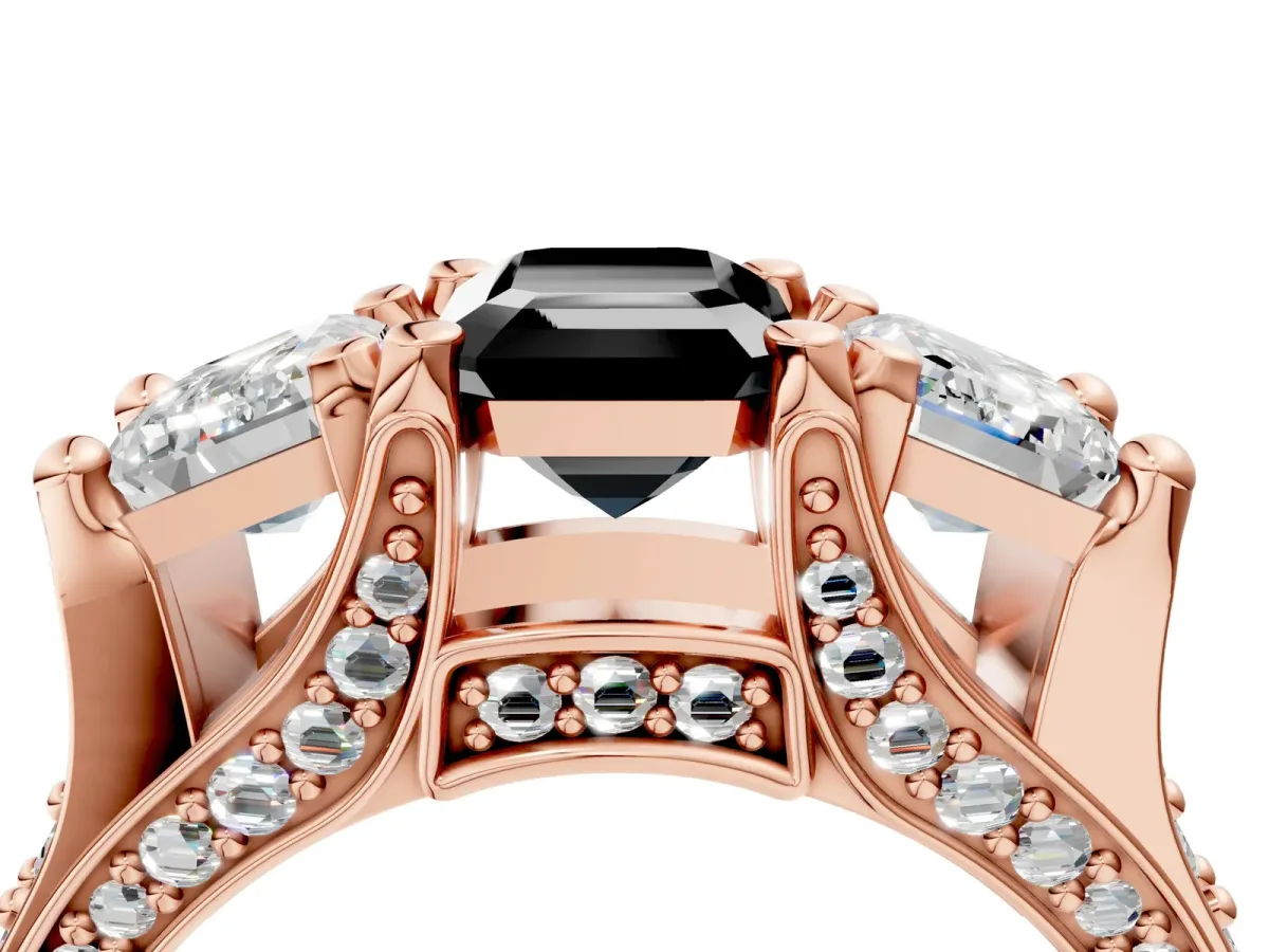 Fancy Black Emerald Cut Diamond Three-Stone Ring with Channel Set Band and Four-Prong Setting Rose gold