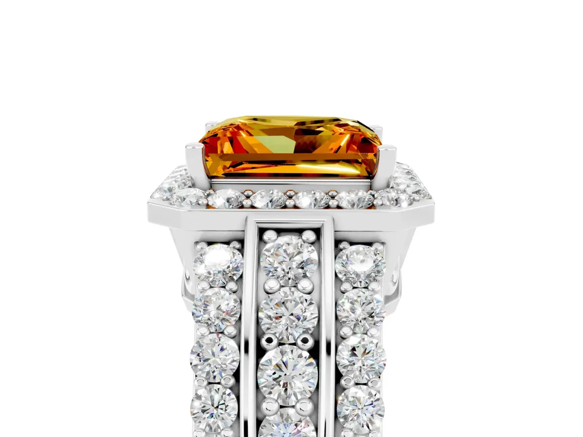 Princess Cut Halo Citrine Ring with Round Split Shank and Prong Setting Silver