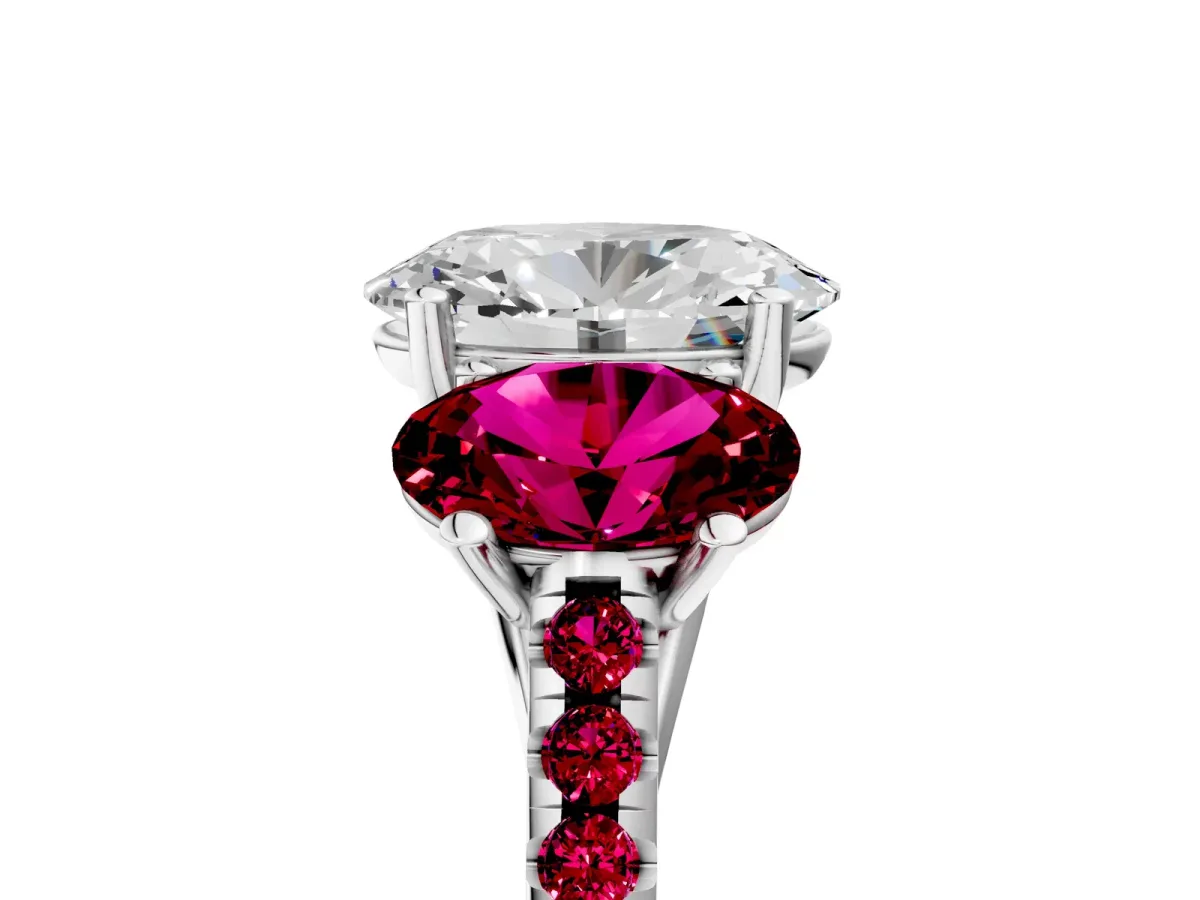 Three-Stone Oval Cut Diamond Ring with Round Garnet Pavé Band and Prong Setting Silver