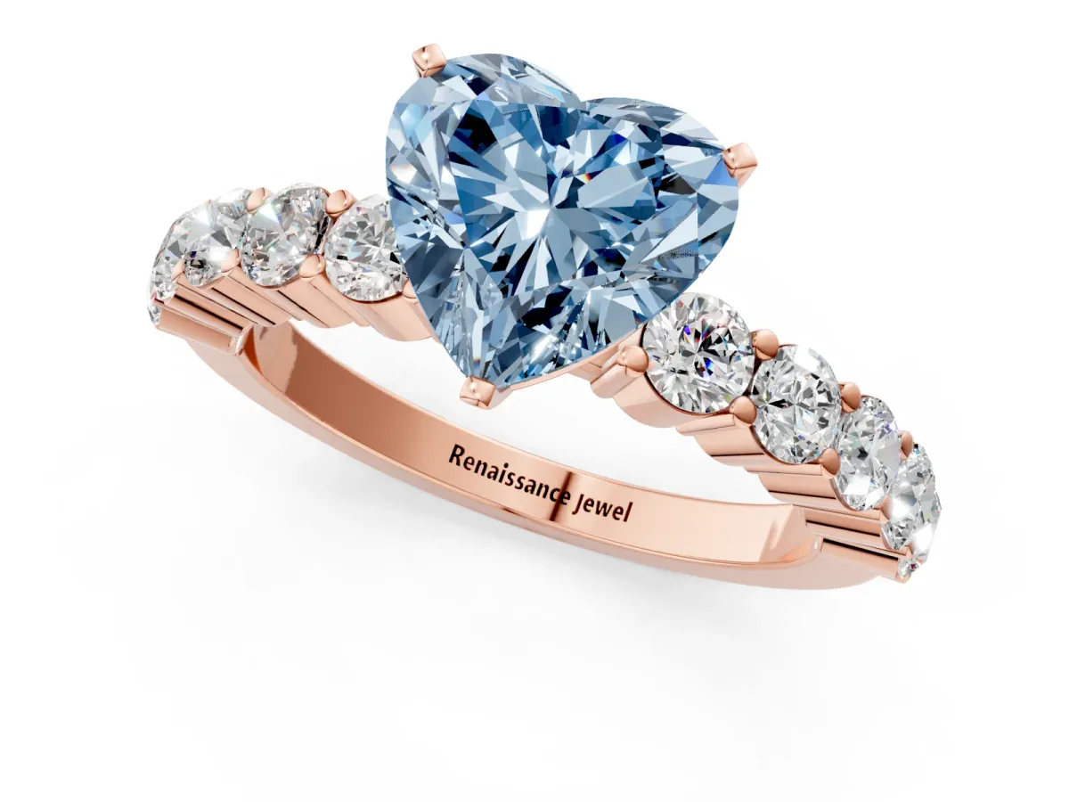 Fancy Blue Heart Cut Diamond Solitaire Ring with Shared Prong Round Side Stones Rose gold