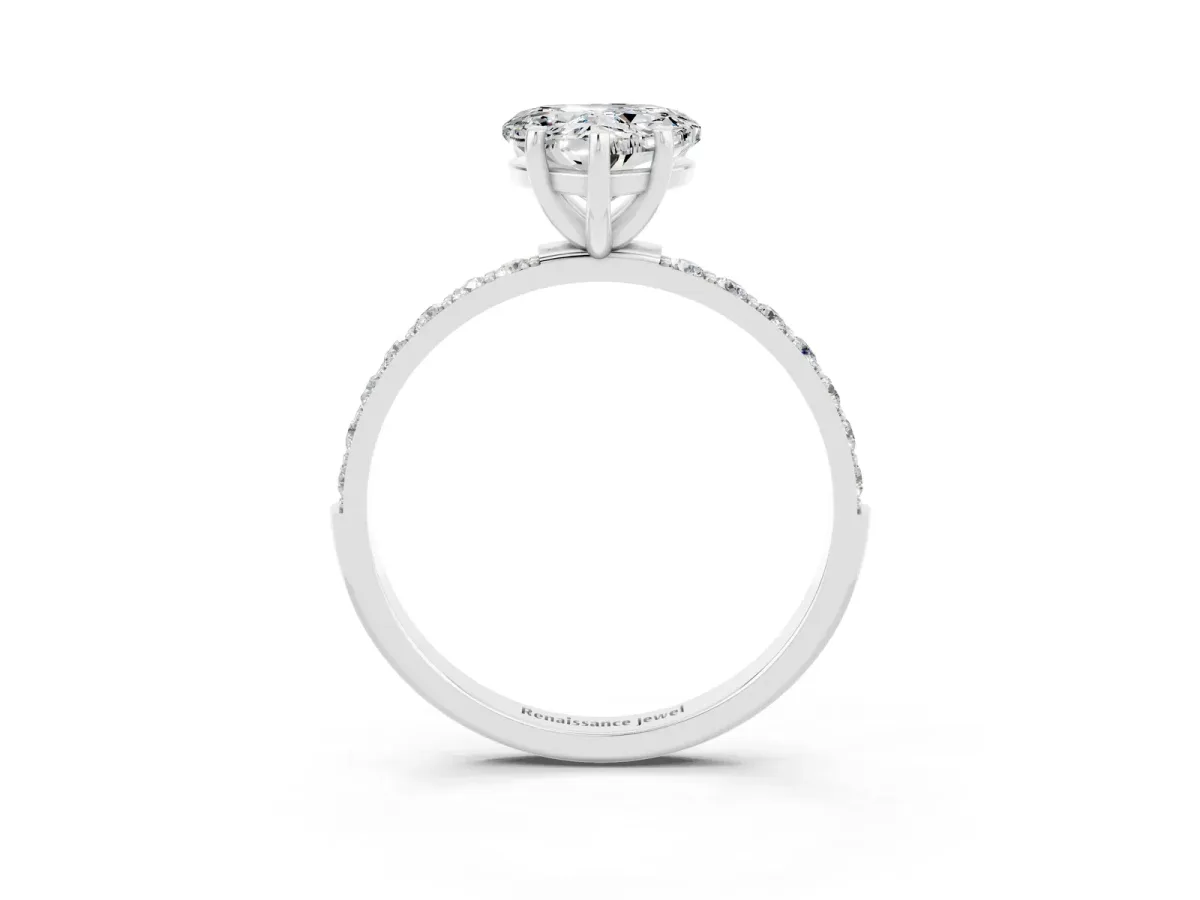 Heart Cut Moissanite Solitaire Ring with Round Pavé Band and Prong Setting Silver