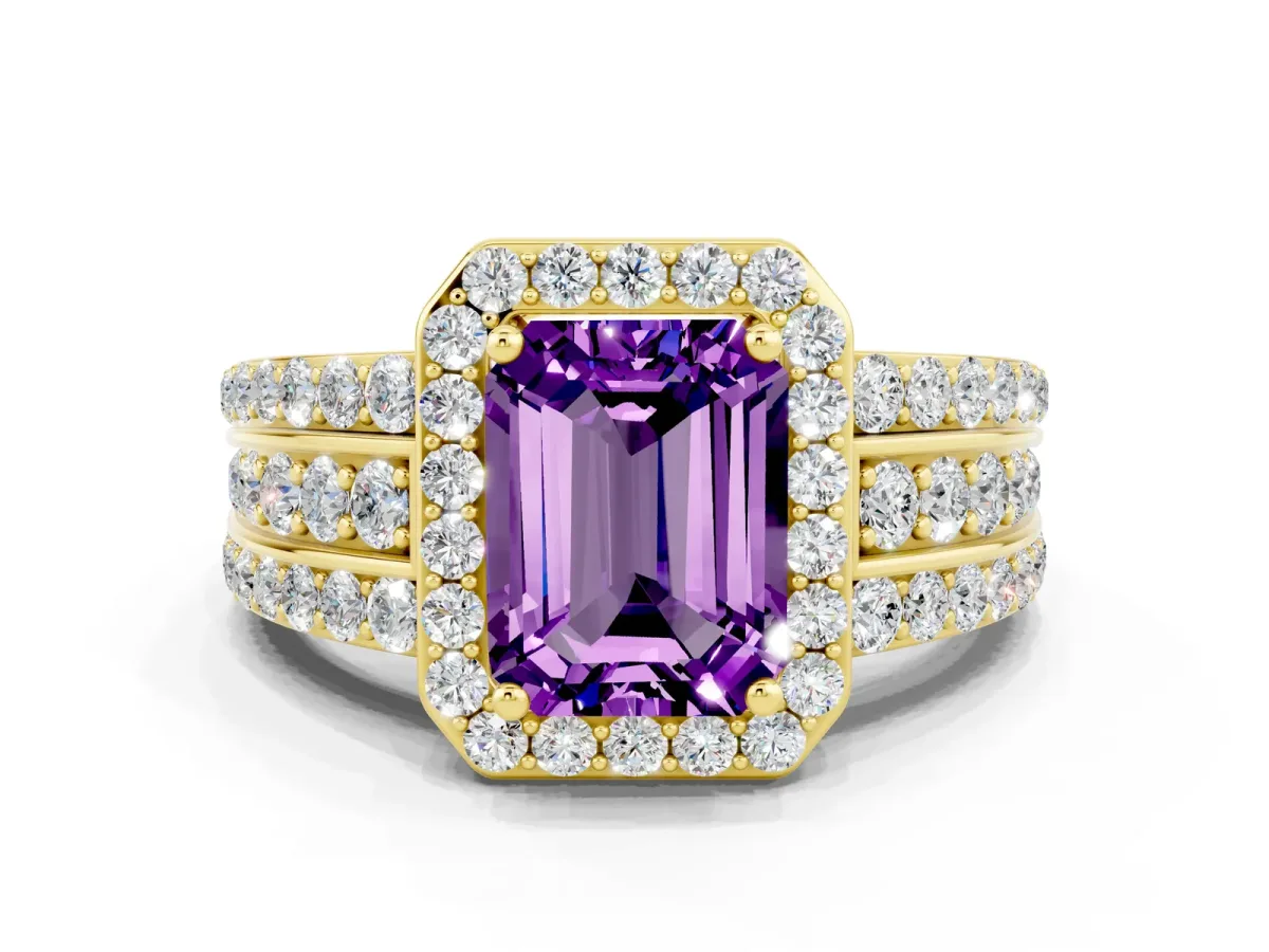 Emerald Cut Halo Amethyst Ring with Round Split Shank and Prong Setting Yellow gold