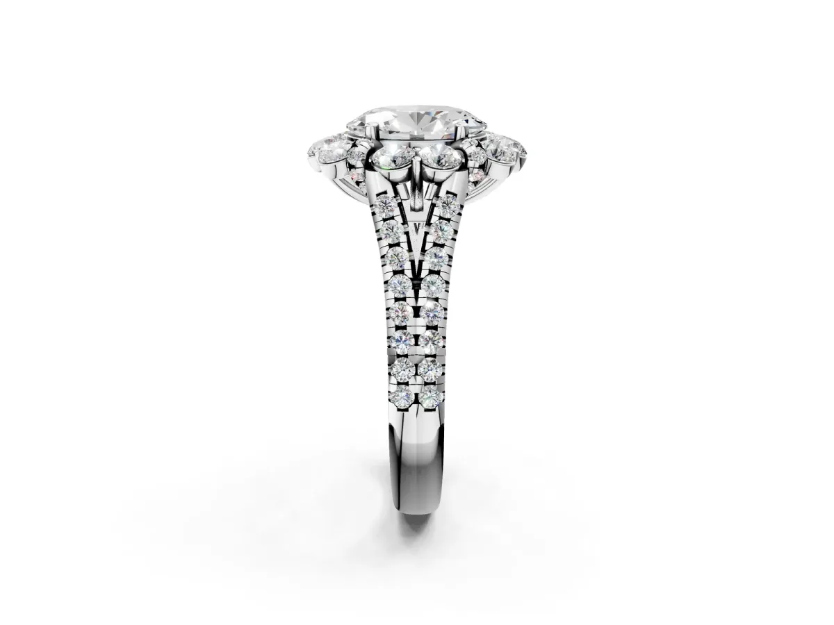 Oval Cut Halo Split Shank Diamond Engagement Ring with Pave Band and Four-Prong Setting Silver