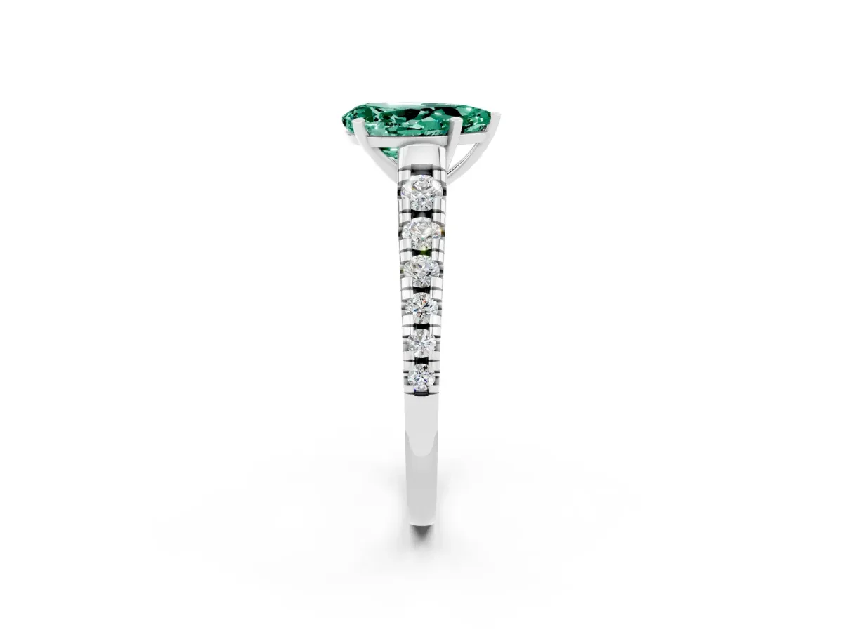 Pear Cut Green Sapphire Cathedral Solitaire Ring with Round Pavé Band Silver