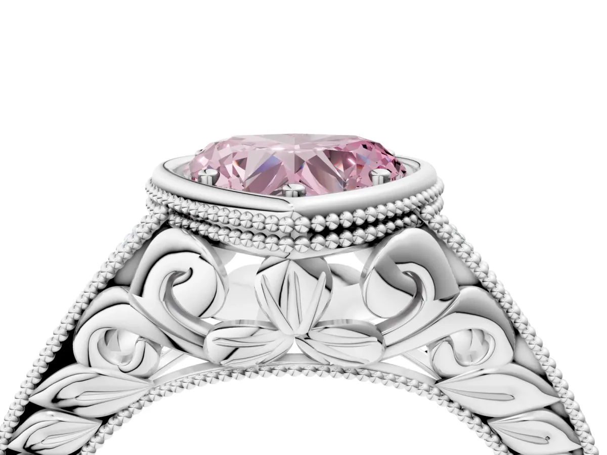 Fancy Pink Bezel Set Heart Cut Diamond Milgrain Pave Engagement Ring Platinum