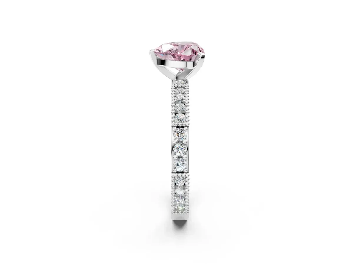 Fancy Pink Heart Cut Solitaire with Pavé Band and Four-Prong Setting Silver