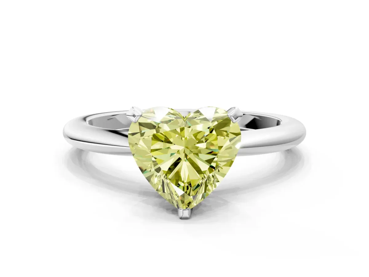 Fancy Yellow Heart Cut Diamond Solitaire Ring with Six-Prong Setting and Classic Band Silver