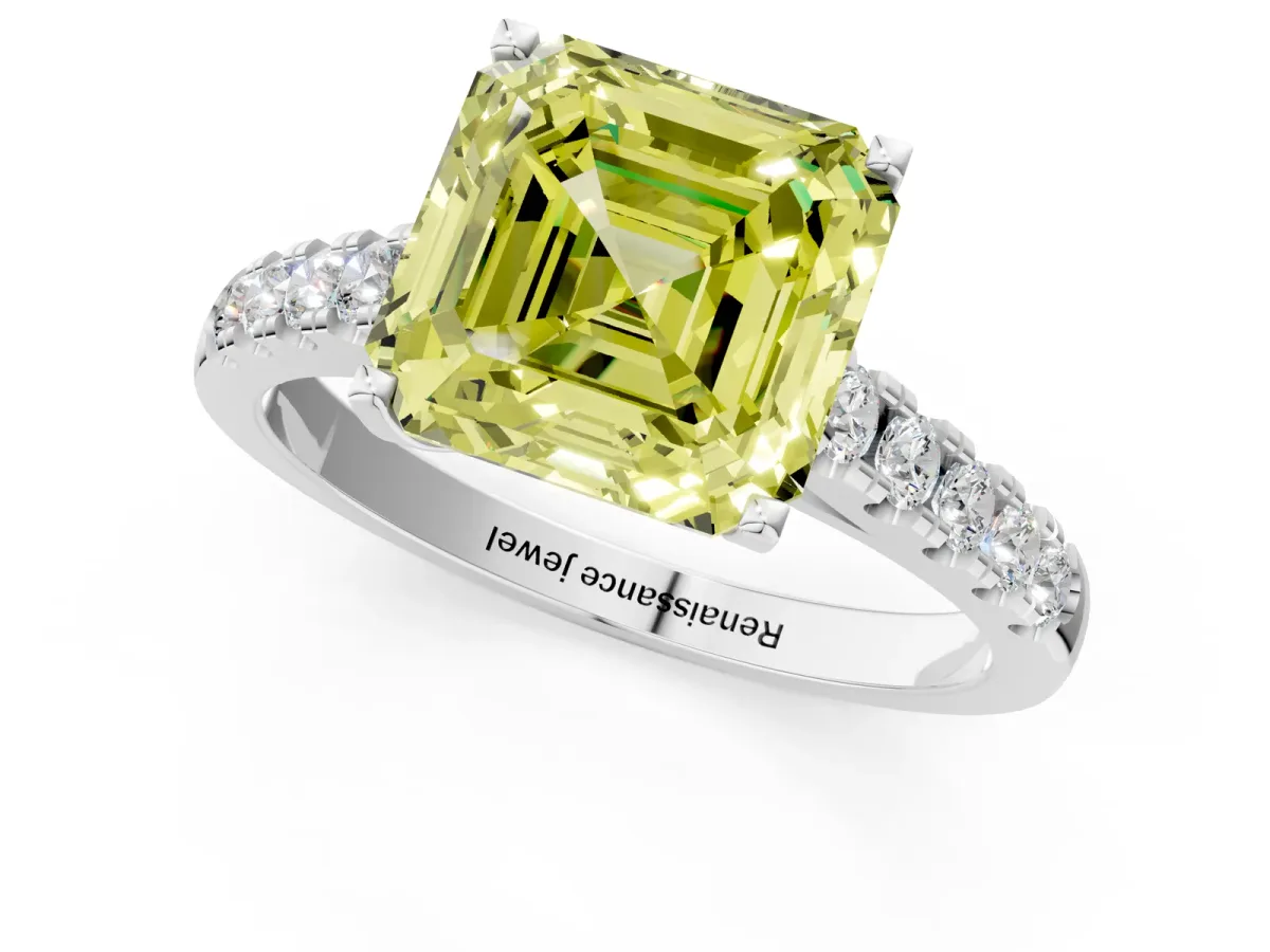 Fancy Yellow Asscher Cut Diamond Pavé Band Solitaire Ring with Prong Setting Platinum