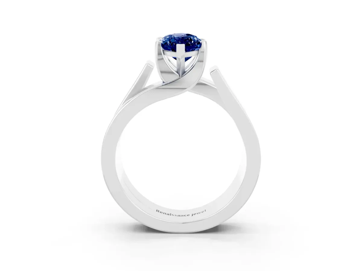 Modern Tension Set Marquise Cut Blue Sapphire Solitaire Wide Band Ring Silver