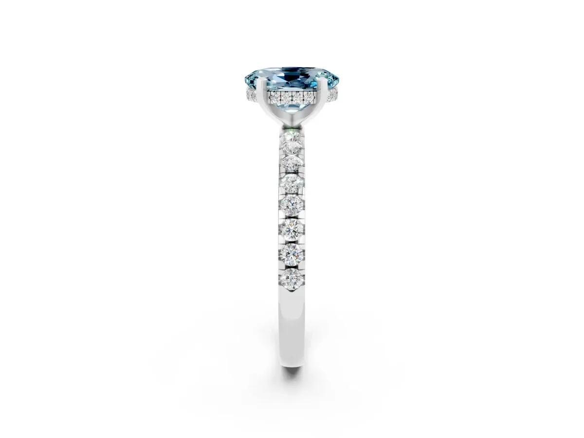 Oval Cut Aquamarine Solitaire Ring with Round Pavé Band and Four-Prong Setting Silver