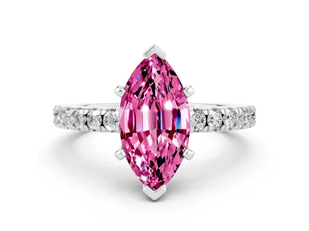 Marquise Cut Solitaire Pink Sapphire with Pavé Band and Four-Prong Setting Silver