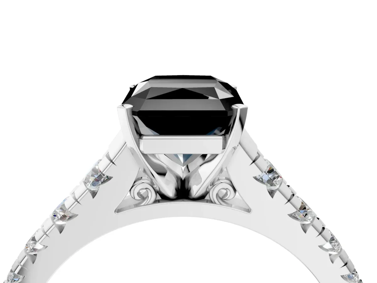 Fancy Black Radiant Cut Diamond Cathedral Solitaire Ring with Round Pavé Band Silver