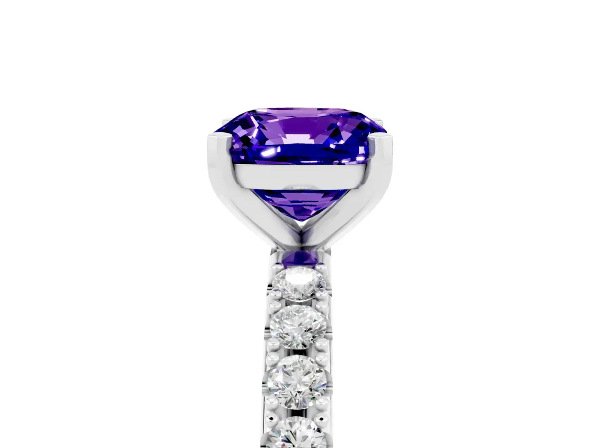 Cushion Cut Tanzanite Solitaire Pavé Band with Four-Prong Setting Silver