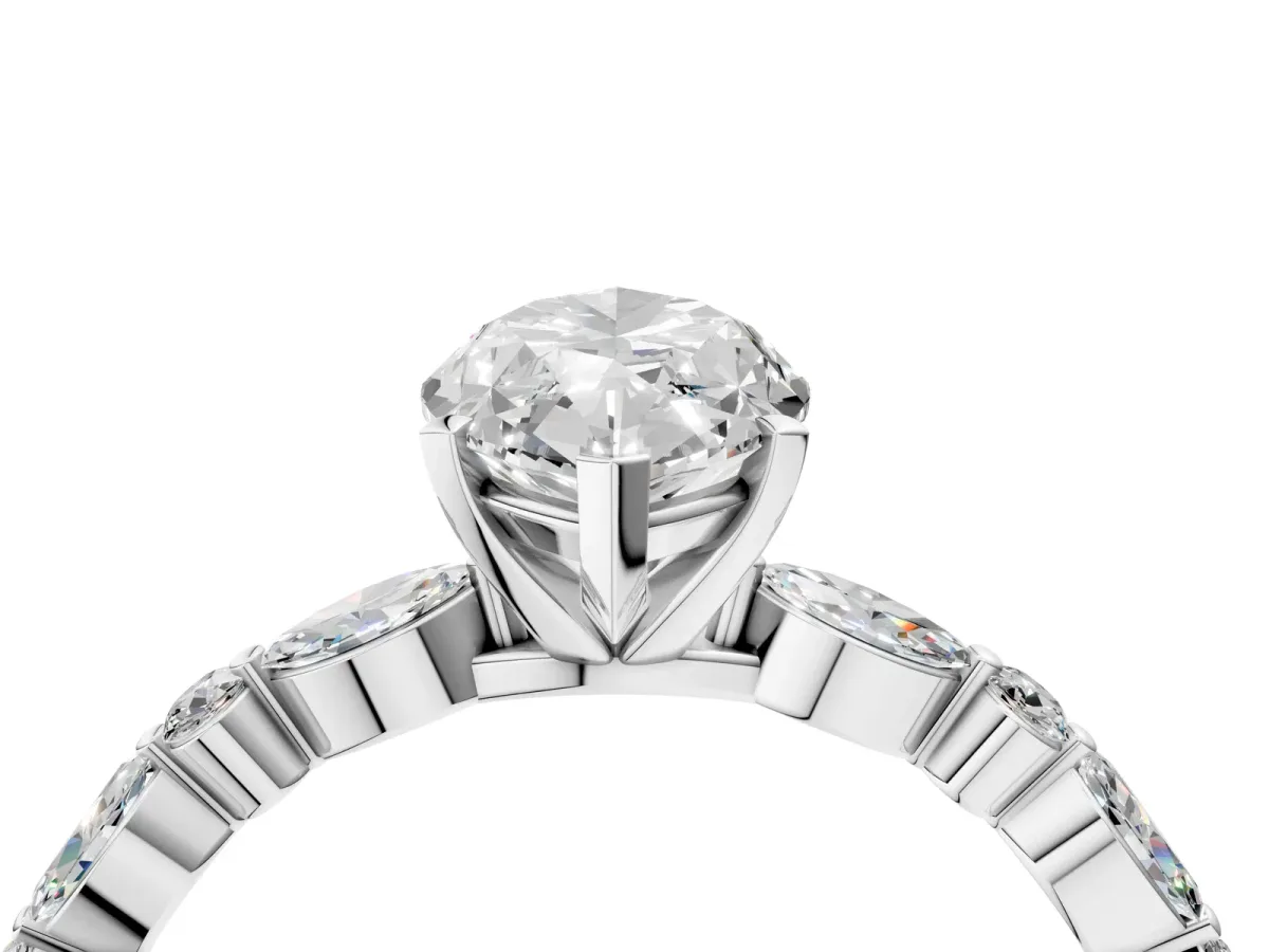 Marquise Cut Diamond Ring with Marquise and Round Side Stones and Four-Prong Setting Silver