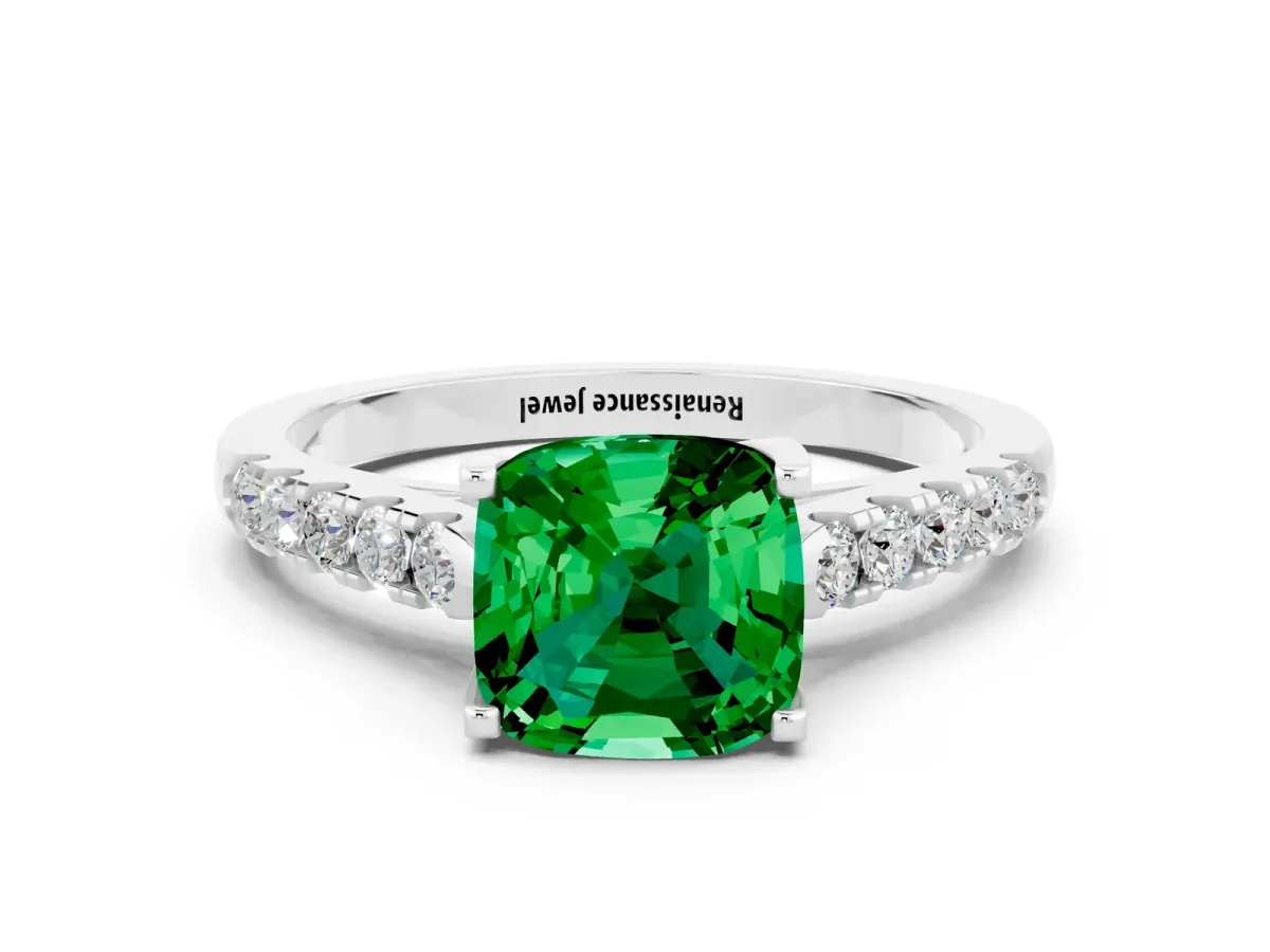 Cushion Cut Emerald Pavé Band Solitaire Ring with Prong Setting Platinum