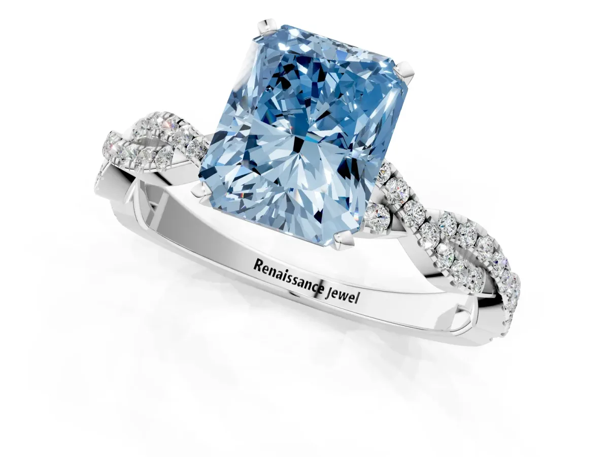Fancy Blue Radiant Cut Solitaire Twisted Pave Band with Four-Prong Setting Platinum