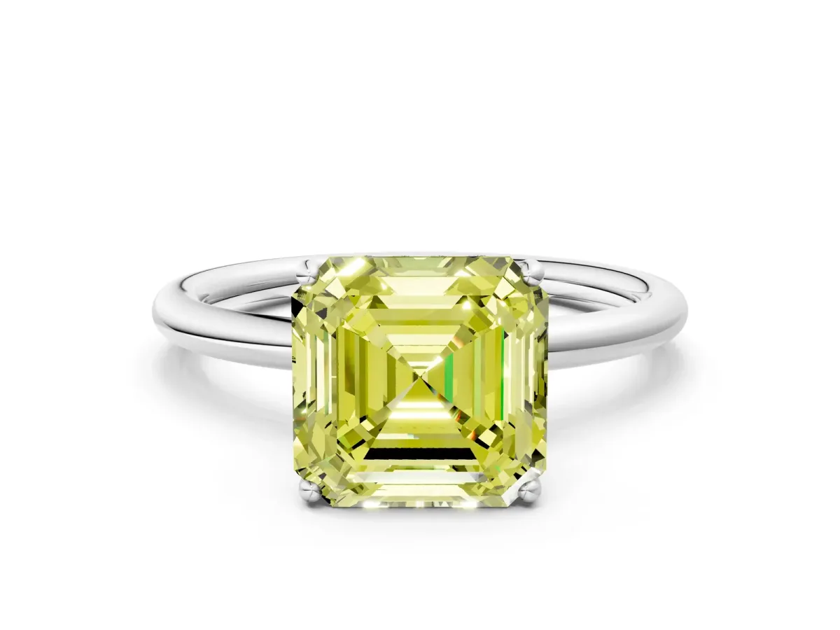 Fancy Yellow Asscher Cut Solitaire Diamond Ring with a Classic Band and Four-Prong Setting Platinum