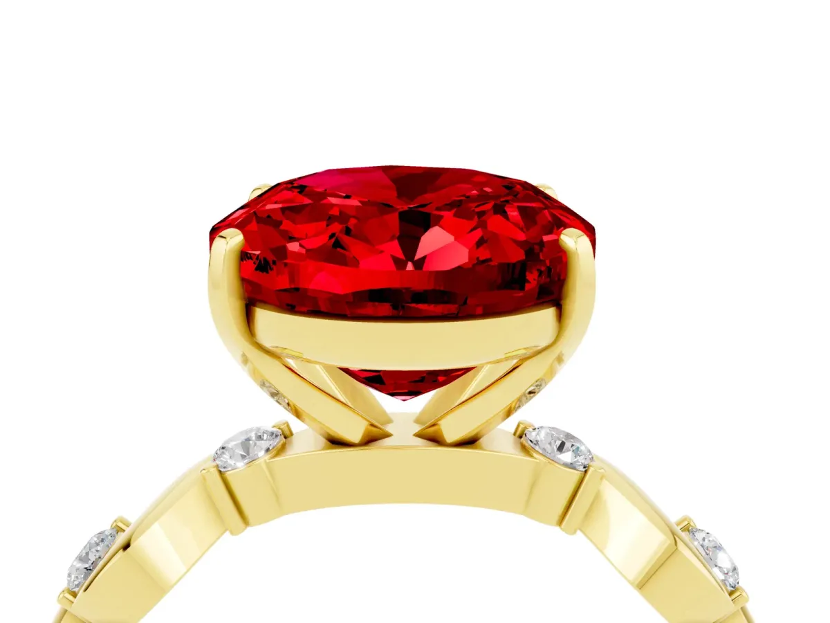 Oval Cut Ruby Solitaire Twisted Band with Round Accents and Prong Setting Yellow gold