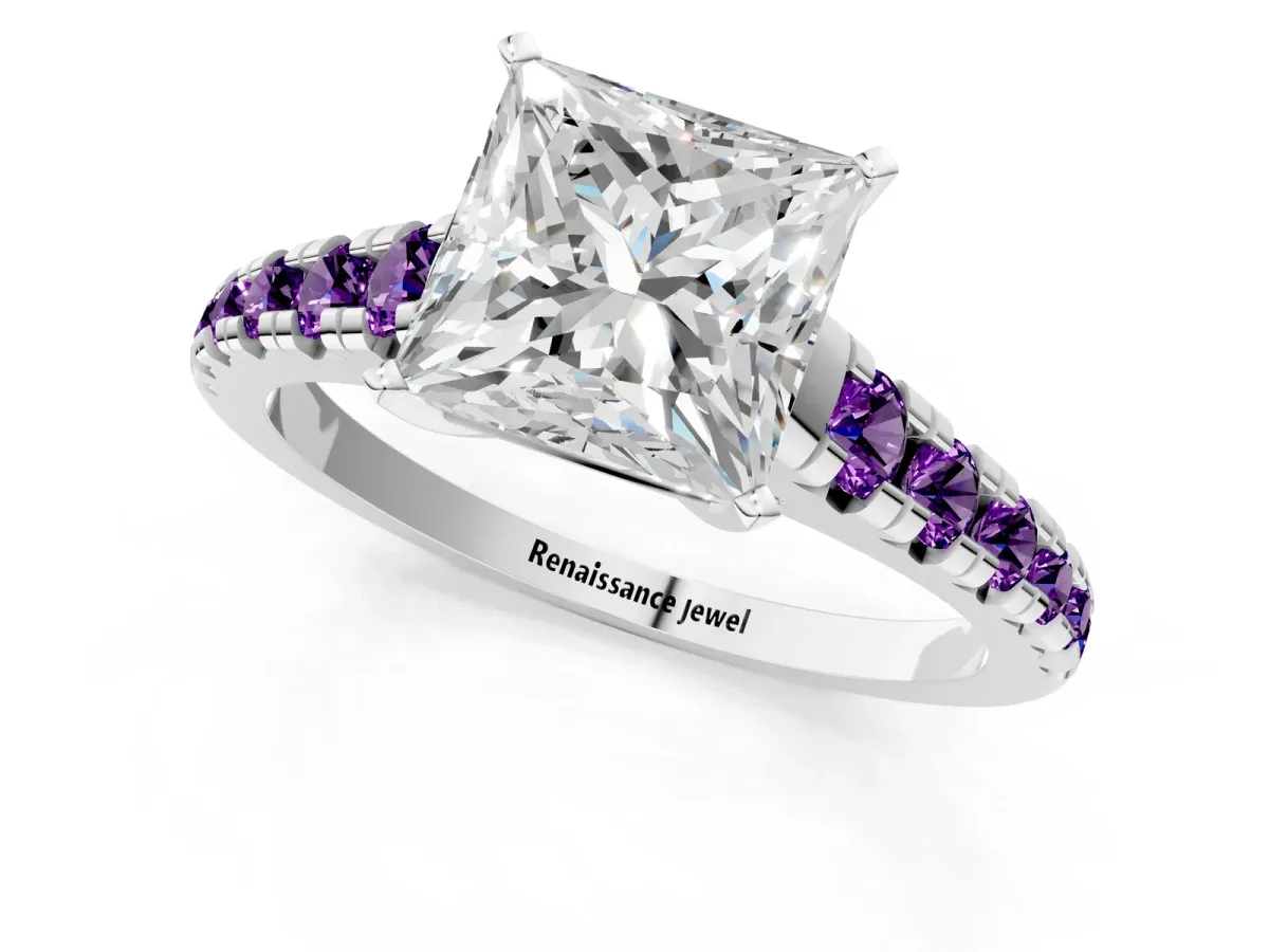 Princess Cut Diamond Cathedral Solitaire Ring with Round Amethyst Pavé Band Silver