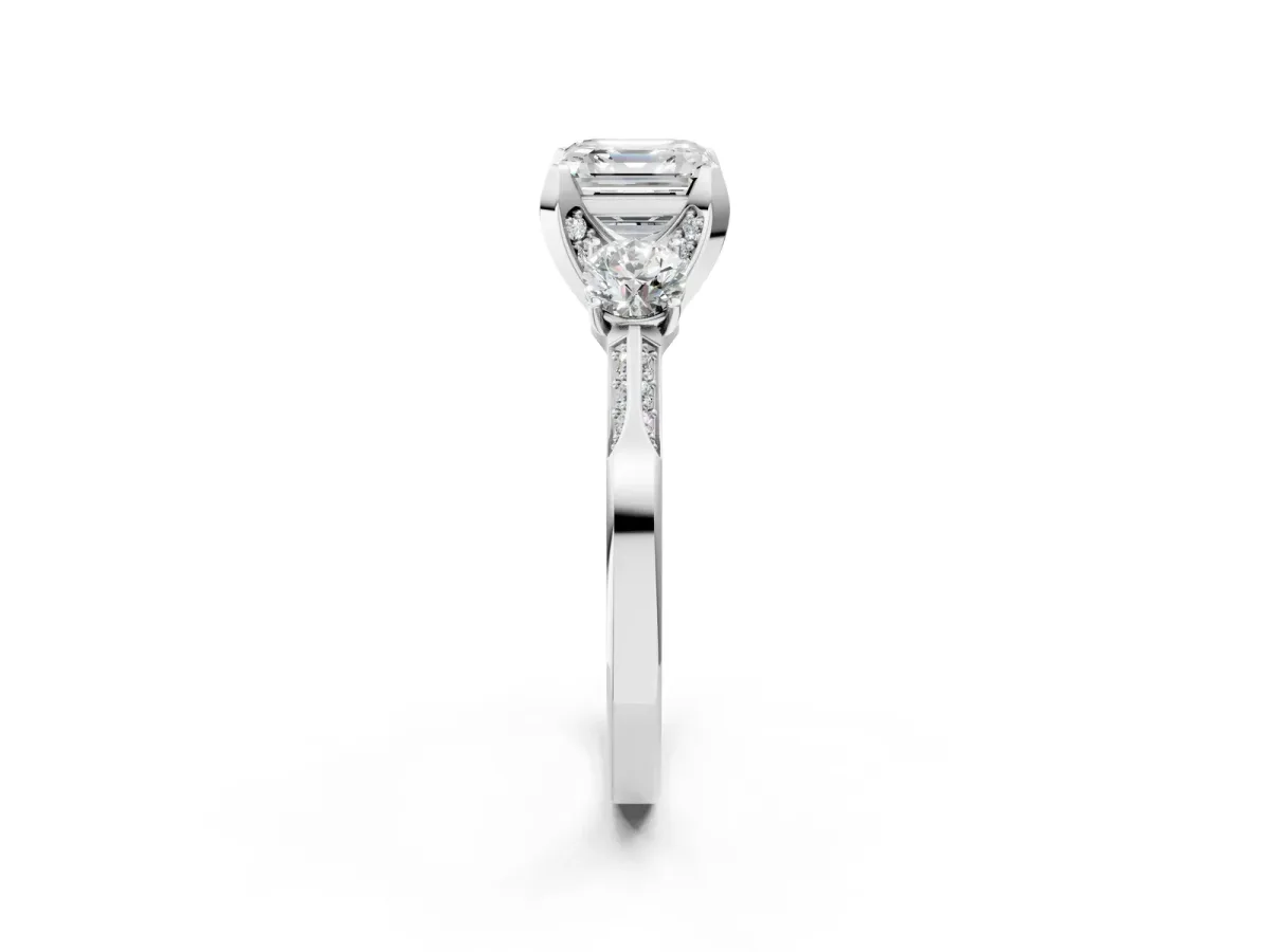 Asscher Cut Brilliant Three-Stone Diamond Ring with Pavé Band and Four-Prong Setting Platinum