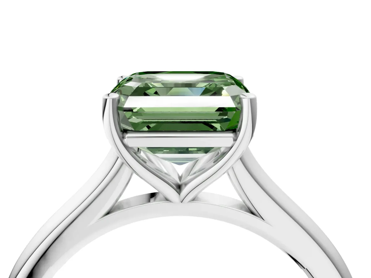 Fancy Green Asscher Cut Cut Solitaire Ring with Cathedral Band and Four-Prong Setting Platinum