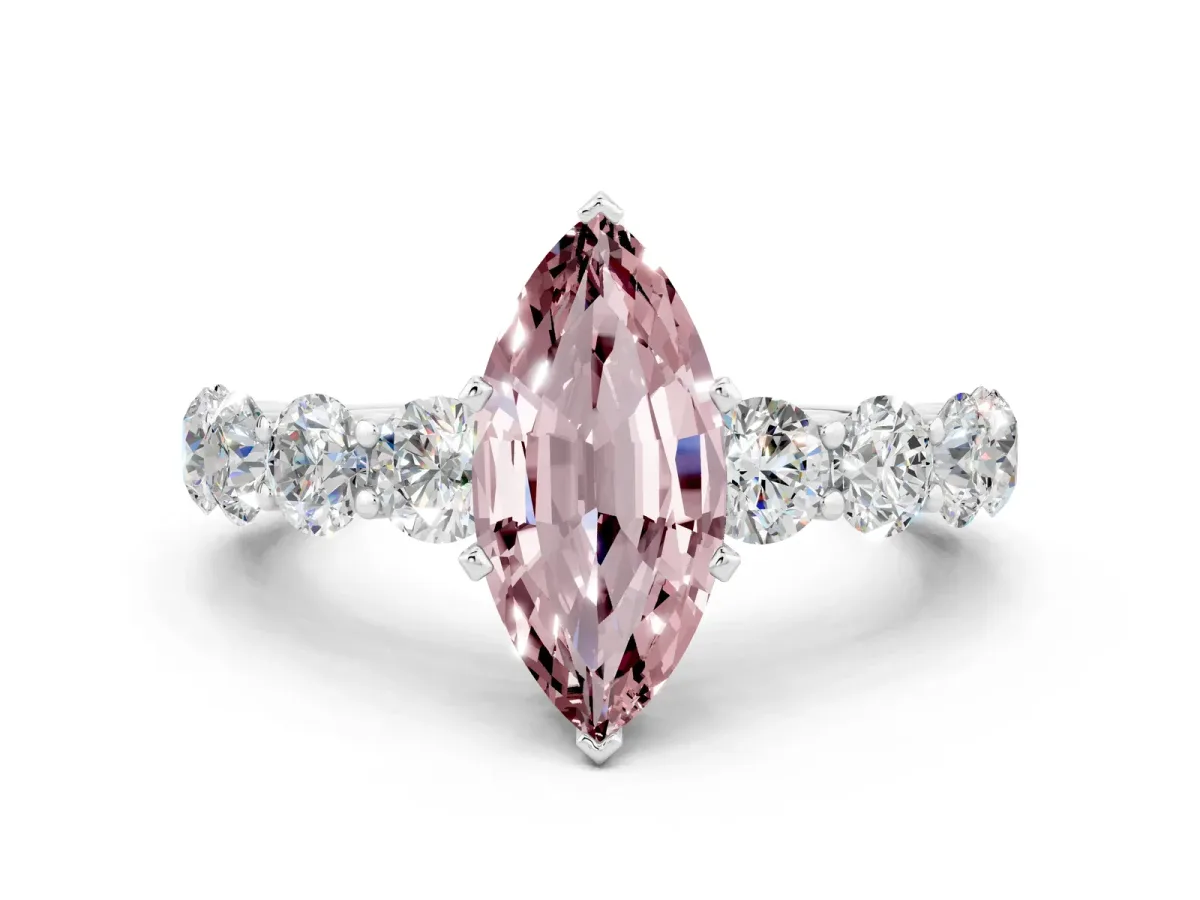 Marquise Cut Morganite Prong Setting with Side Stones on a Pave Band Silver