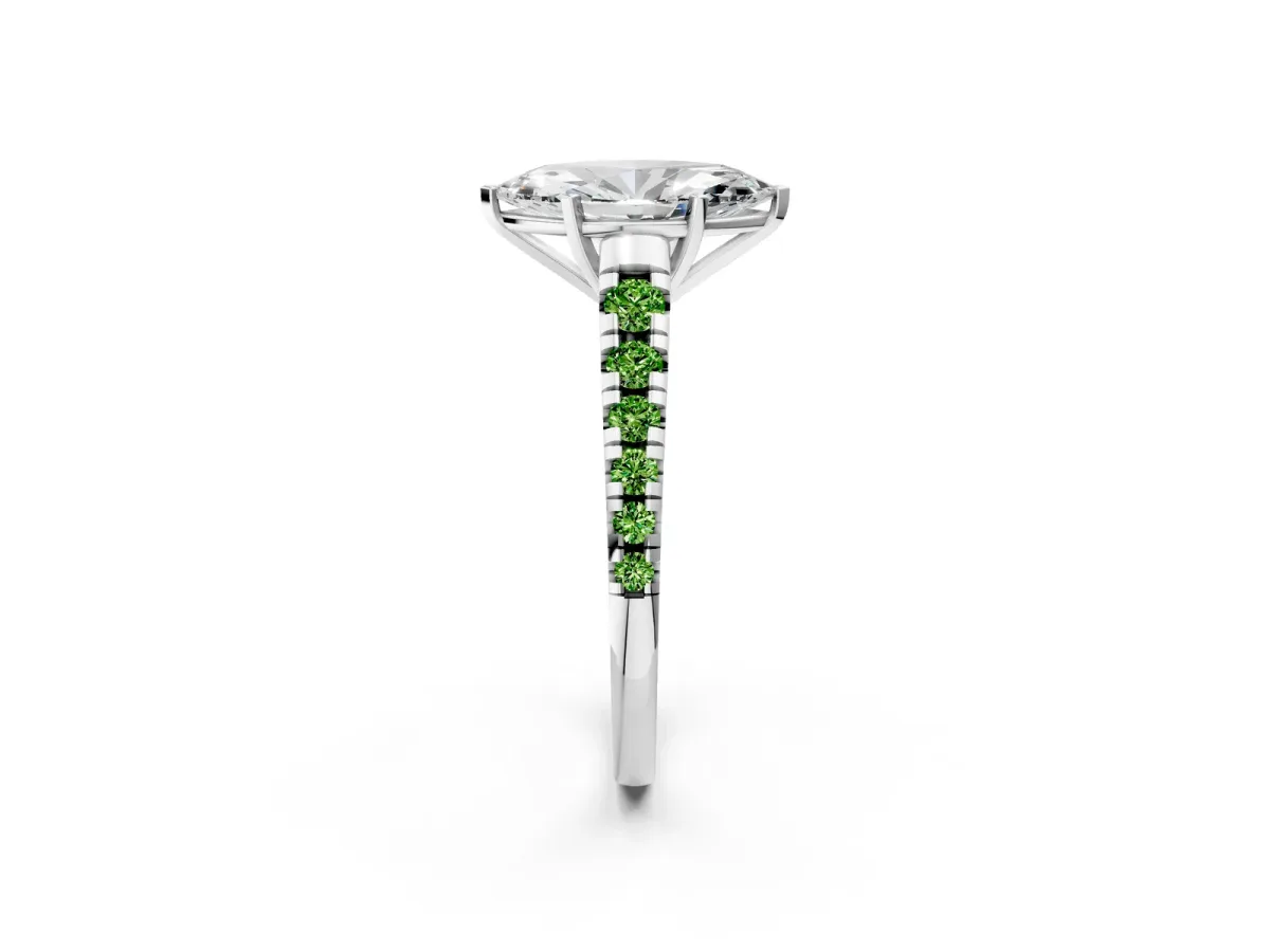 Marquise Cut Diamond Cathedral Solitaire Ring with Round Peridot Pavé Band Silver