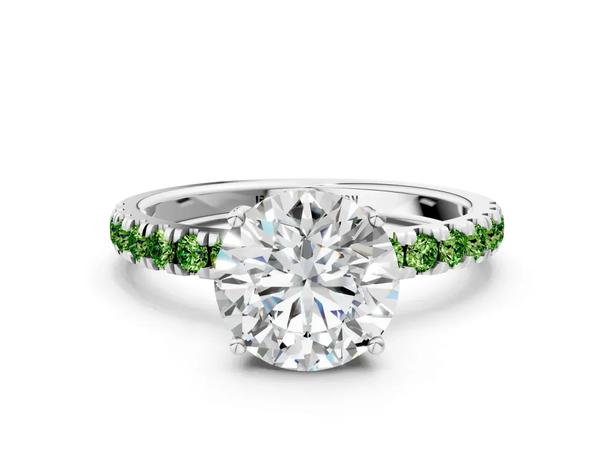 Round Cut Diamond Pave Band Solitaire Ring with Round Peridot and Prong Setting Silver