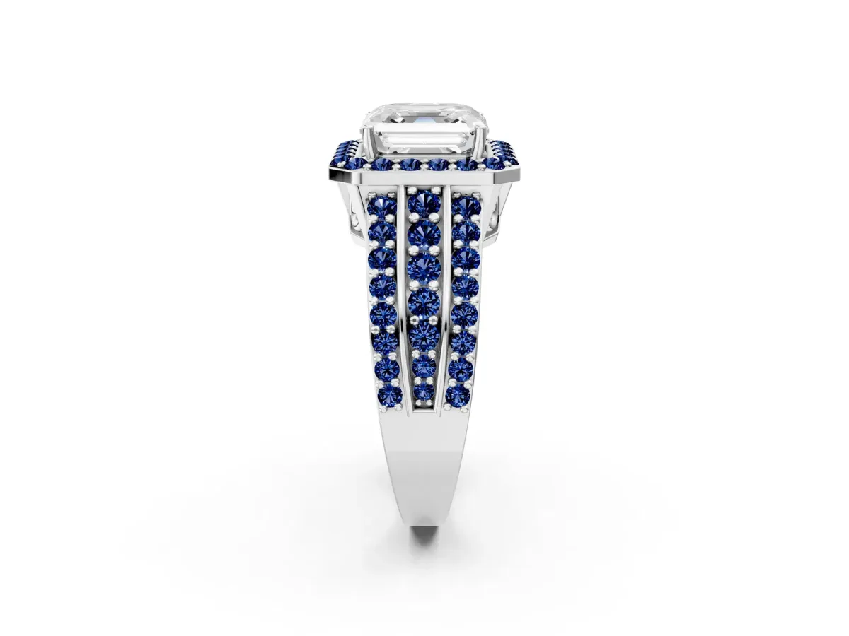 Asscher Cut Halo Diamond Ring with Round Blue Sapphire Split Shank and Prong Setting Silver