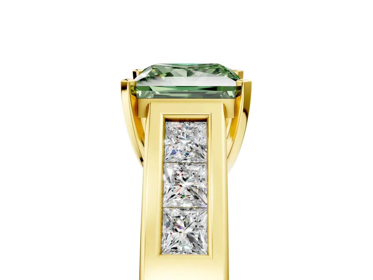 Fancy Green Princess Cut Cut Channel Set Solitaire Ring with Four-Prong Setting Yellow gold