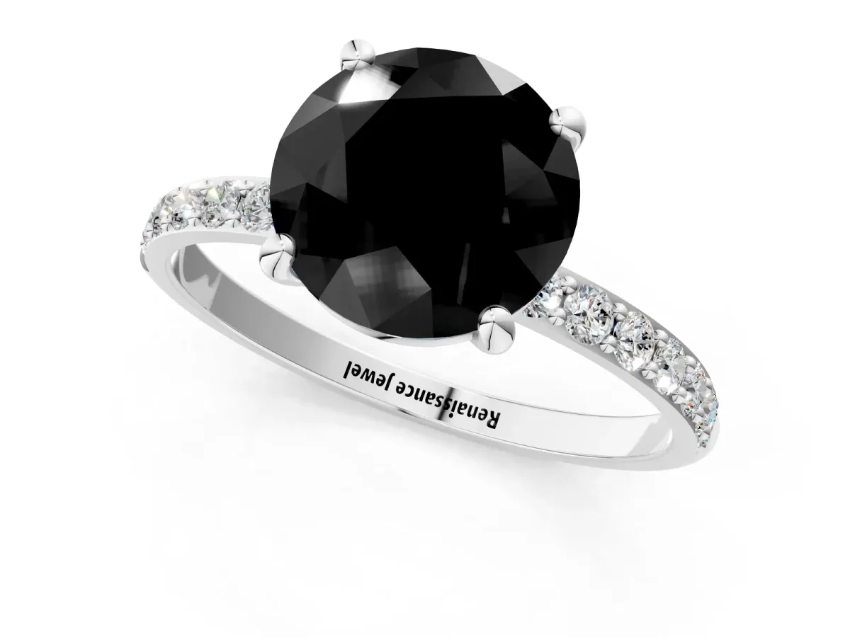 Fancy Black Round Cut Diamond Solitaire Ring with Round Pavé Band and Prong Setting Silver