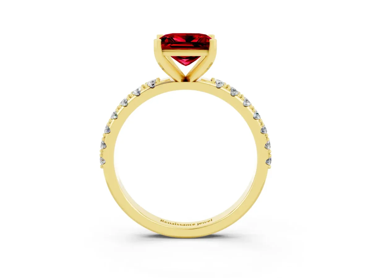 Princess Cut Ruby Solitaire Pavé Band with Four-Prong Setting Yellow gold