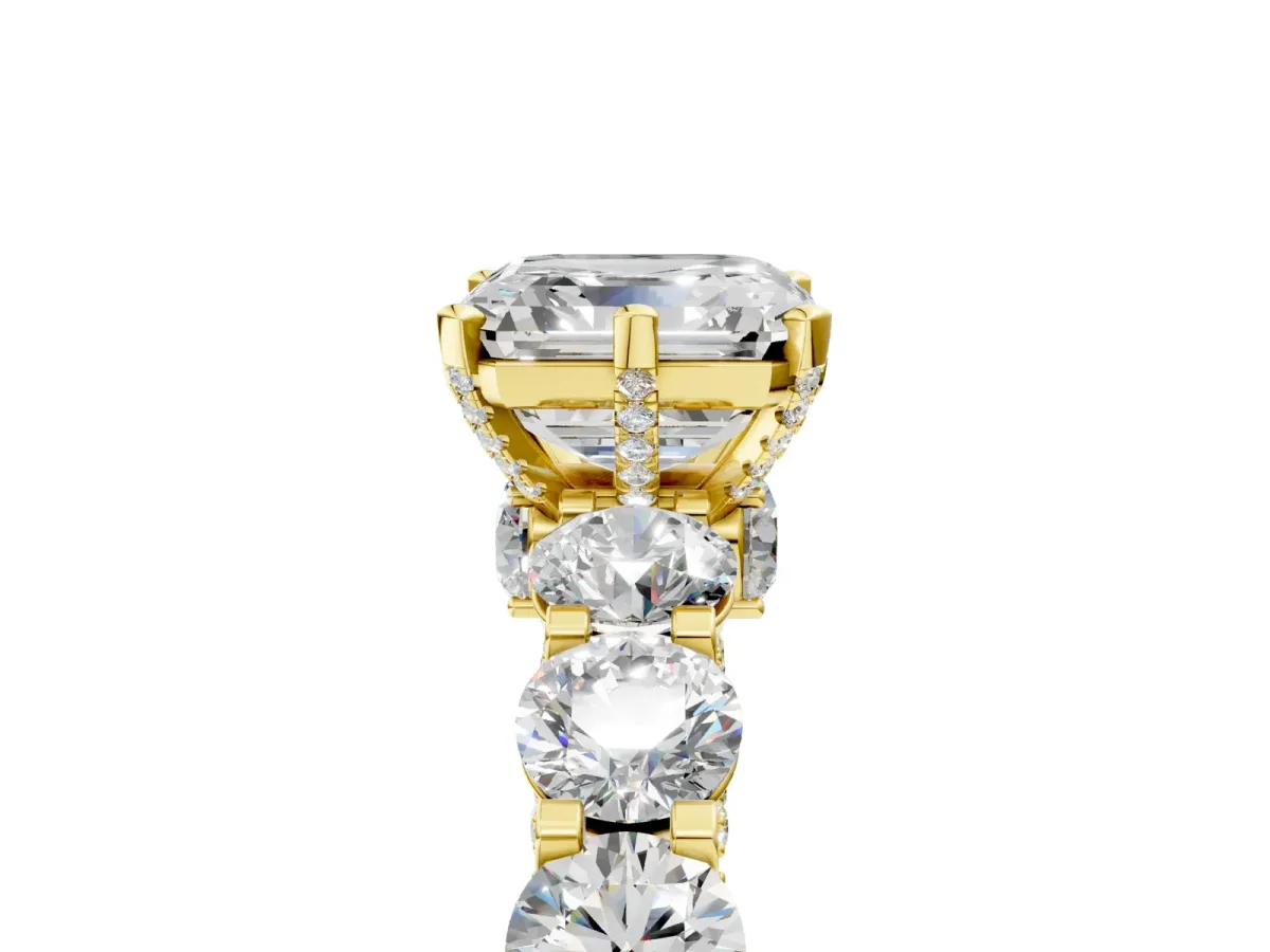 Asscher Cut Diamond Side Stone Engagement Ring with Four-Prong Setting Yellow gold