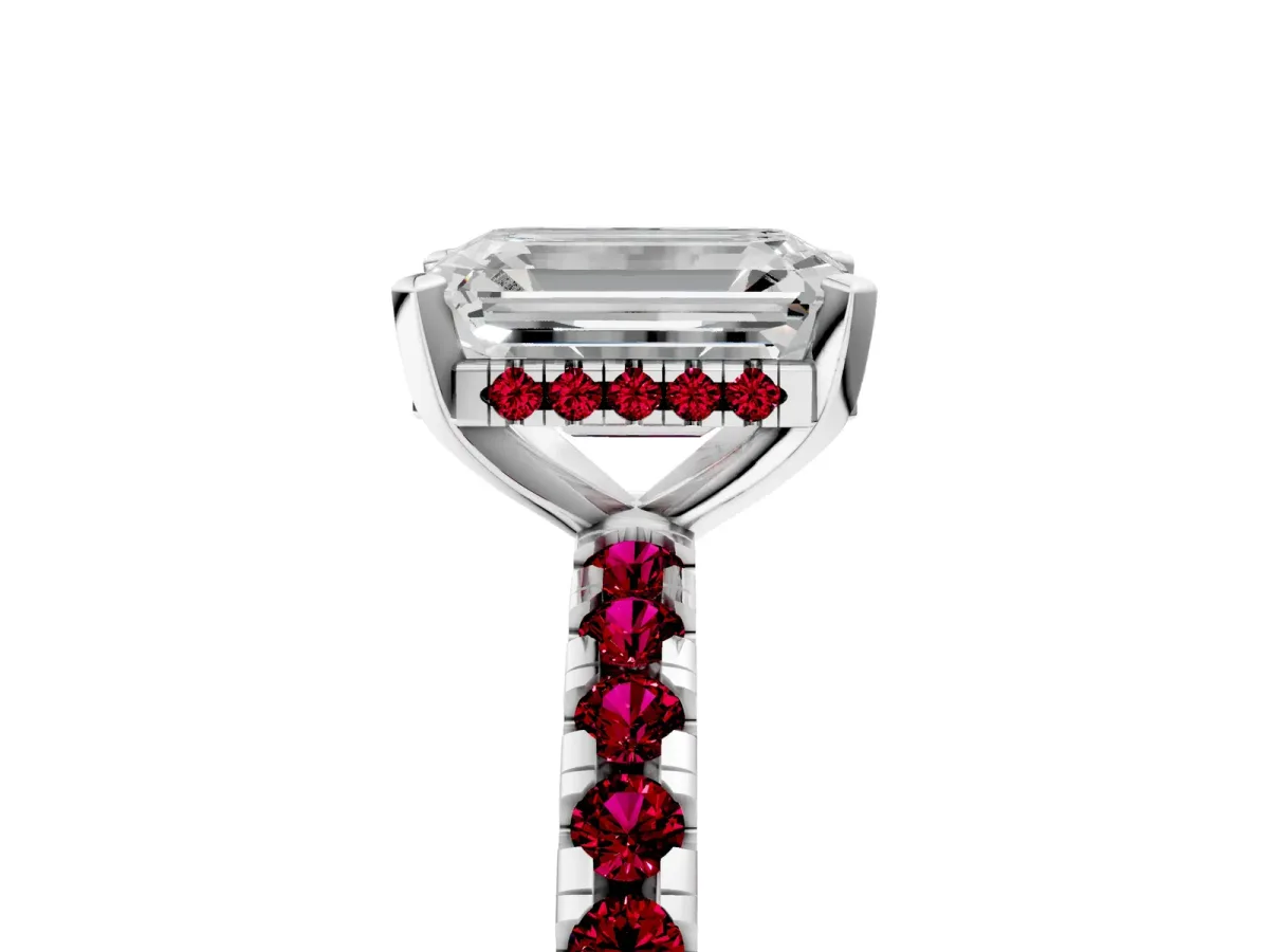 Emerald Cut Diamond Solitaire Ring with Round Garnet Pavé Band and Four-Prong Setting Silver