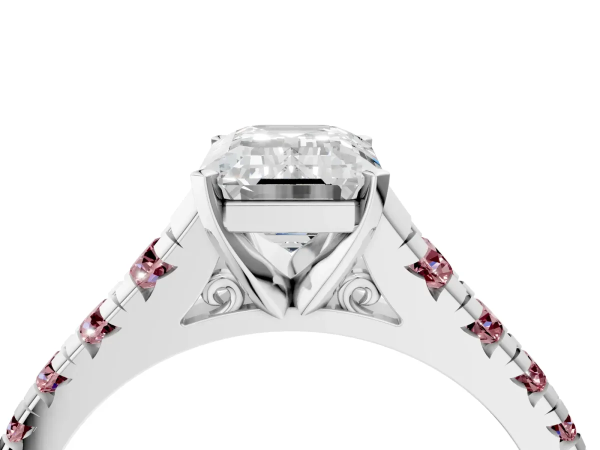 Emerald Cut Diamond Cathedral Solitaire Ring with Round Morganite Pavé Band Silver