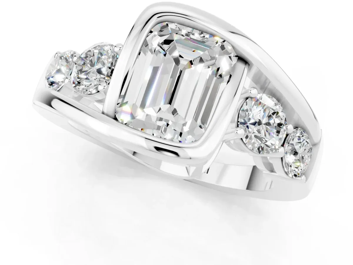 Bezel Set Emerald Cut Moissanite Bypass Ring with Round Accents Silver