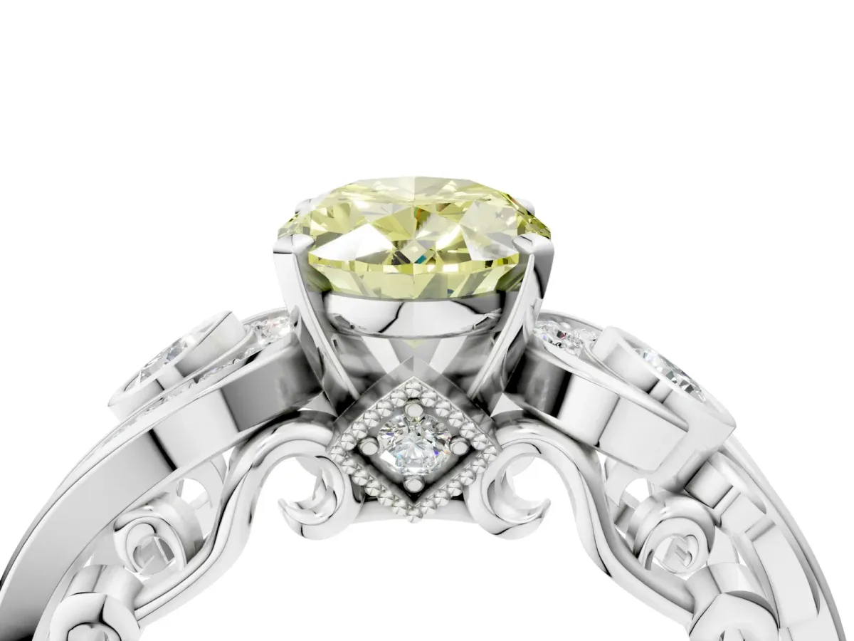 Fancy Yellow Oval Cut Diamond Solitaire Ring with Milgrain Pavé Band and Four-Prong Setting Silver
