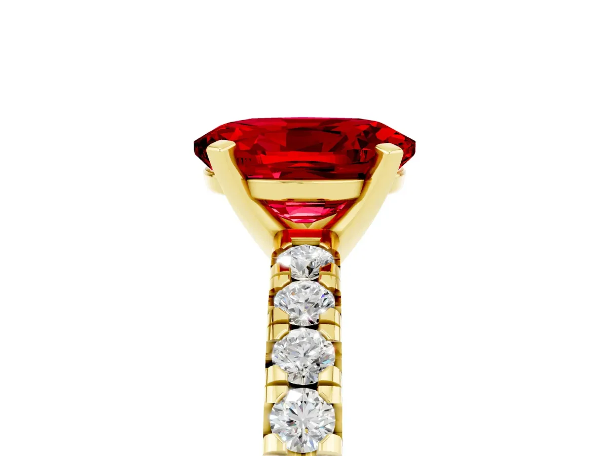 Oval Cut Ruby Solitaire Pavé Engagement Ring with Round Band and Prong Setting Yellow gold