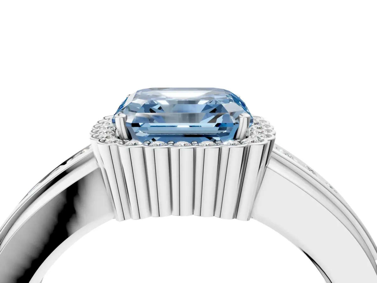 Fancy Blue Asscher Cut Cut Halo Pave Band Four-Prong Ring Platinum